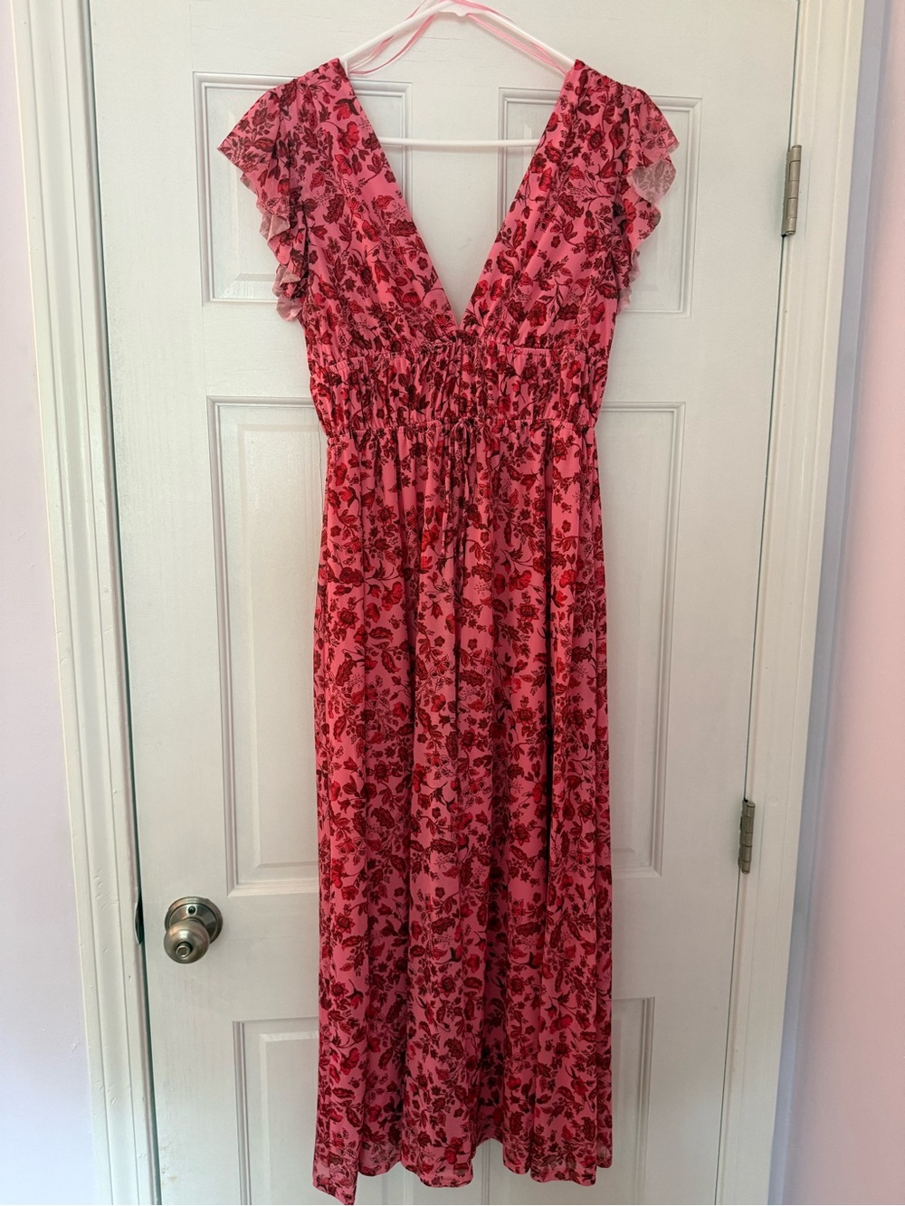 Women’s Pink Floral Maxi Dress with V-Neck